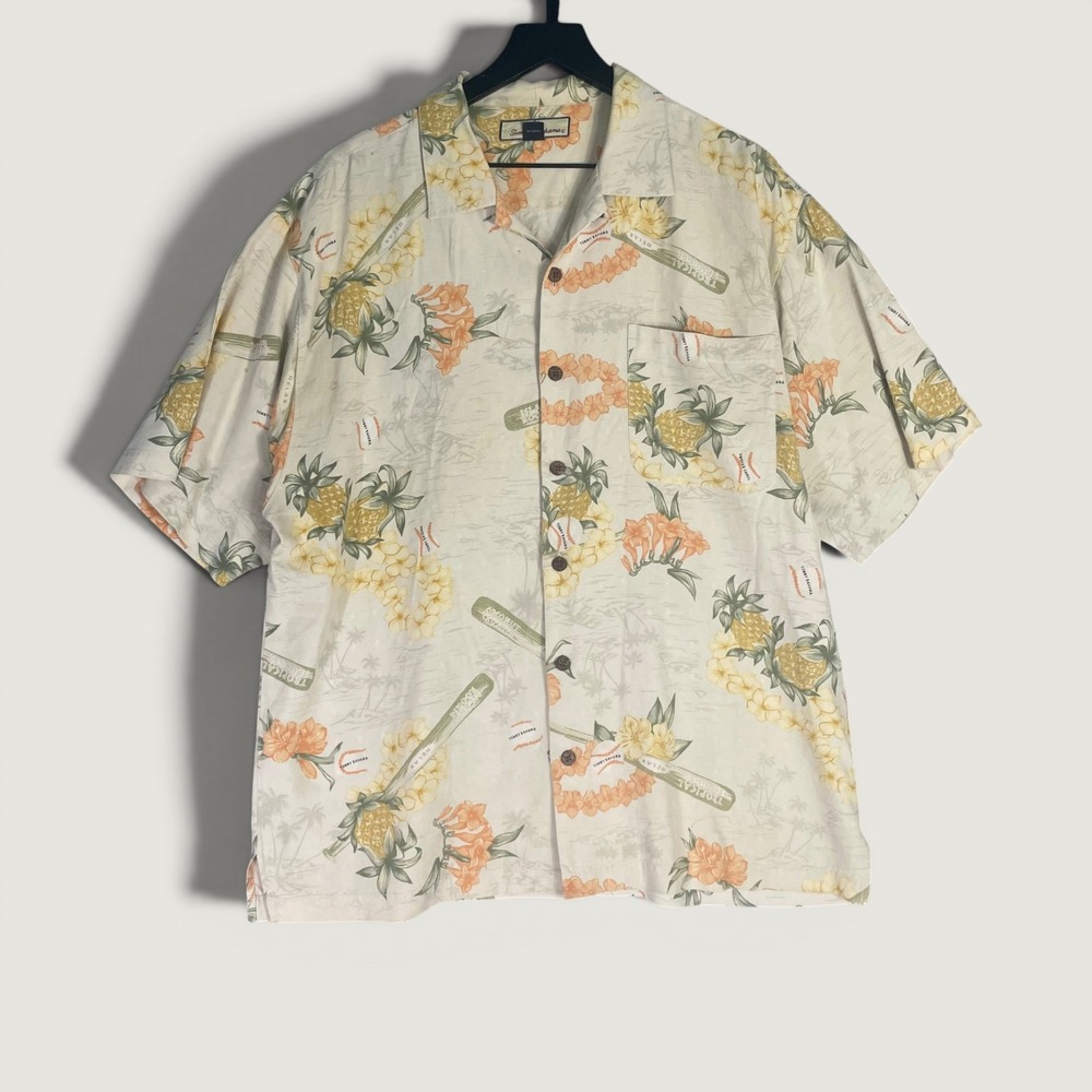 Tommy Bahama Silk Hawaiian Shirt Mens L Baseball Bat Pineapple Aloha Camp